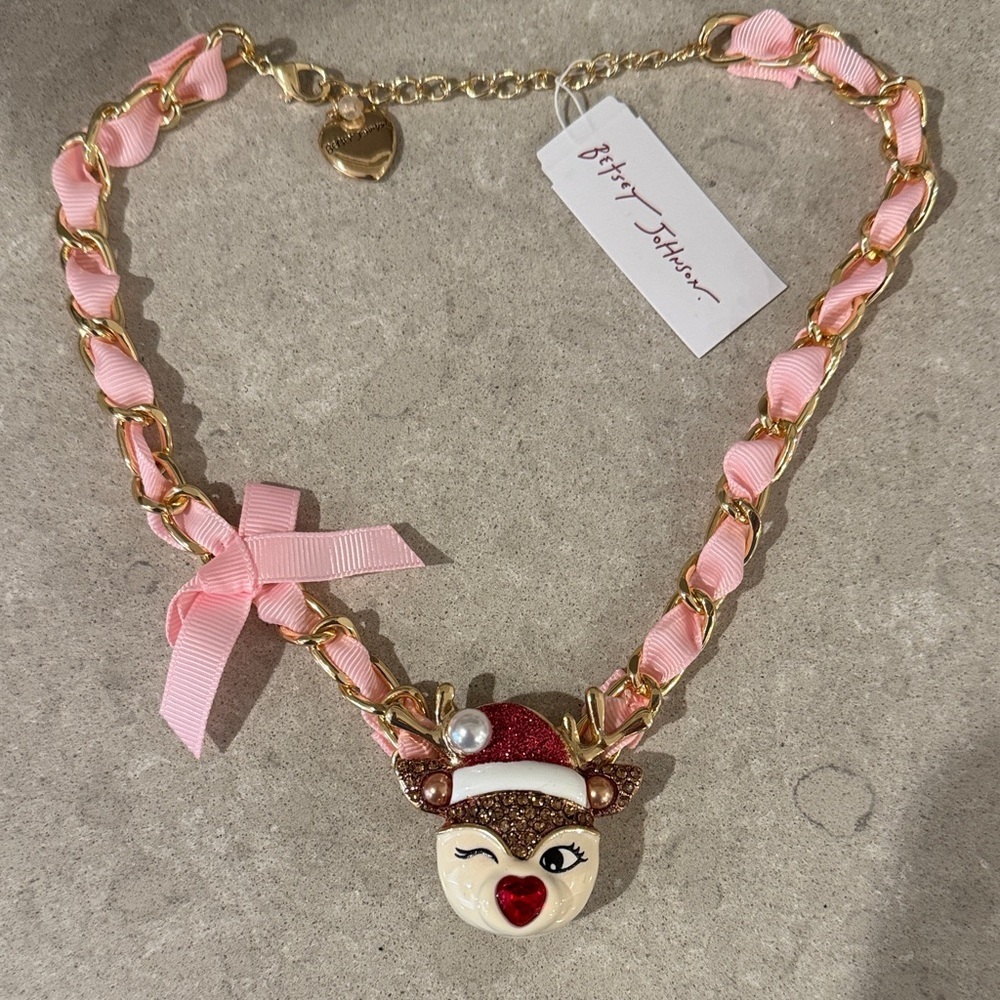 Betsey Johnson Pink Ribbon Reindeer Necklace